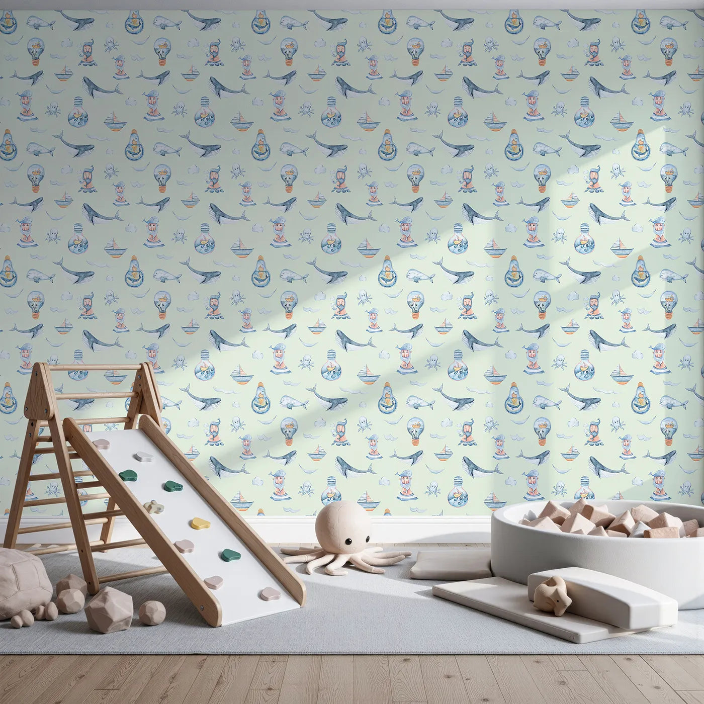 Front view of Whimsy Tots' Maritime Whimsy Wallpaper in Mint Green