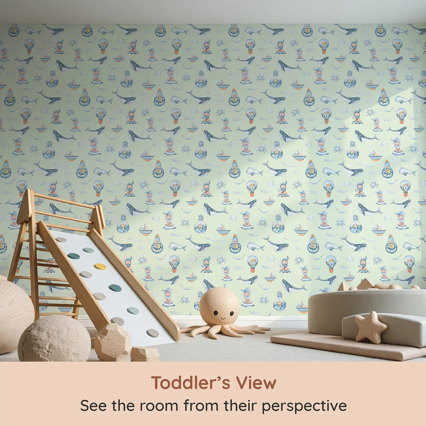 Whimsy Tots Maritime Whimsy Wallpaper in Mint Green (W3326D) from your child's view.Friendly sea creatures and dreamy ships sail across a fresh mint sea.