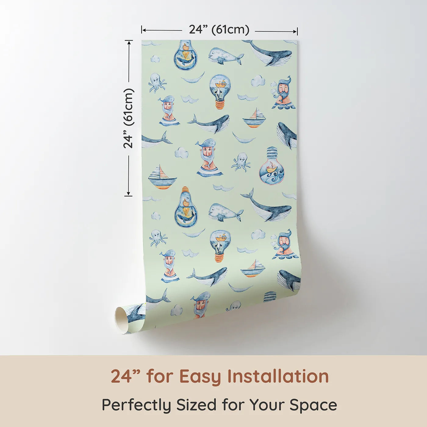 Dimension view of Whimsy Tots Maritime Whimsy Wallpaper in Mint Green (W3326D). Printed in 24-inch-wide panel for easy installation. Friendly sea creatures and dreamy ships sail across a fresh mint sea.