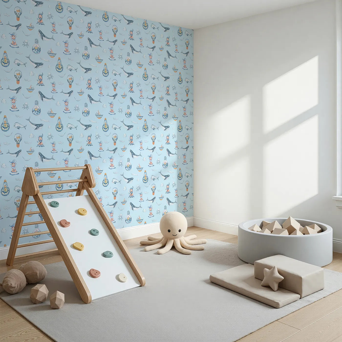 Angled view of Whimsy Tots' Maritime Whimsy Wallpaper in Blue (W3326E).Blue skies and gentle seas carry whales, ships, and sailor tales.