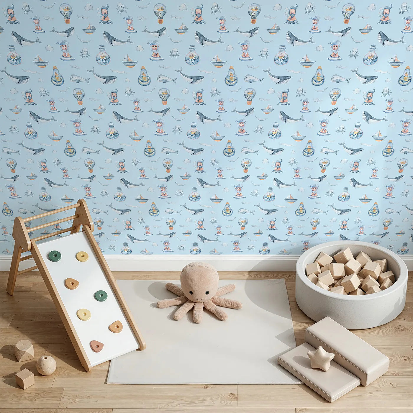 Top-Down view of Whimsy Tots' Maritime Whimsy Wallpaper in Blue (W3326E).Blue skies and gentle seas carry whales, ships, and sailor tales.