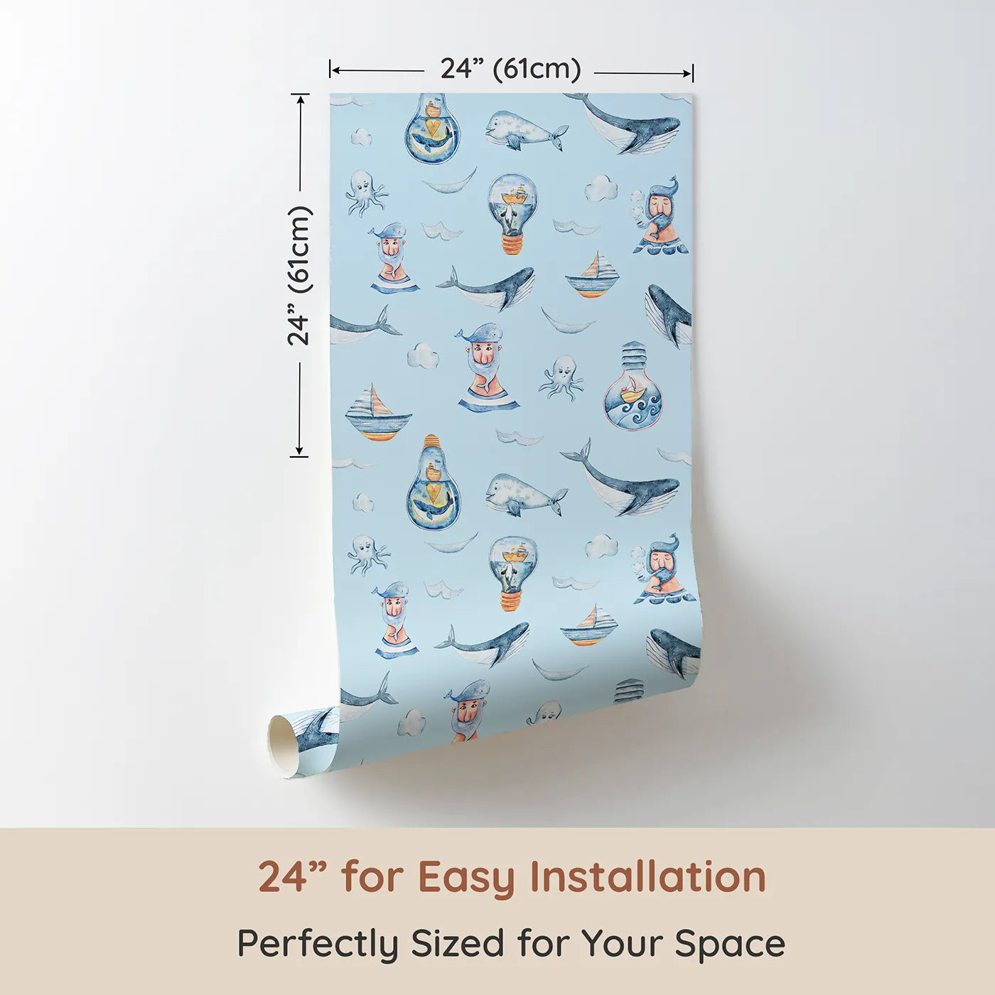 Dimension view of Whimsy Tots Maritime Whimsy Wallpaper in Blue (W3326E). Printed in 24-inch-wide panel for easy installation. Blue skies and gentle seas carry whales, ships, and sailor tales.