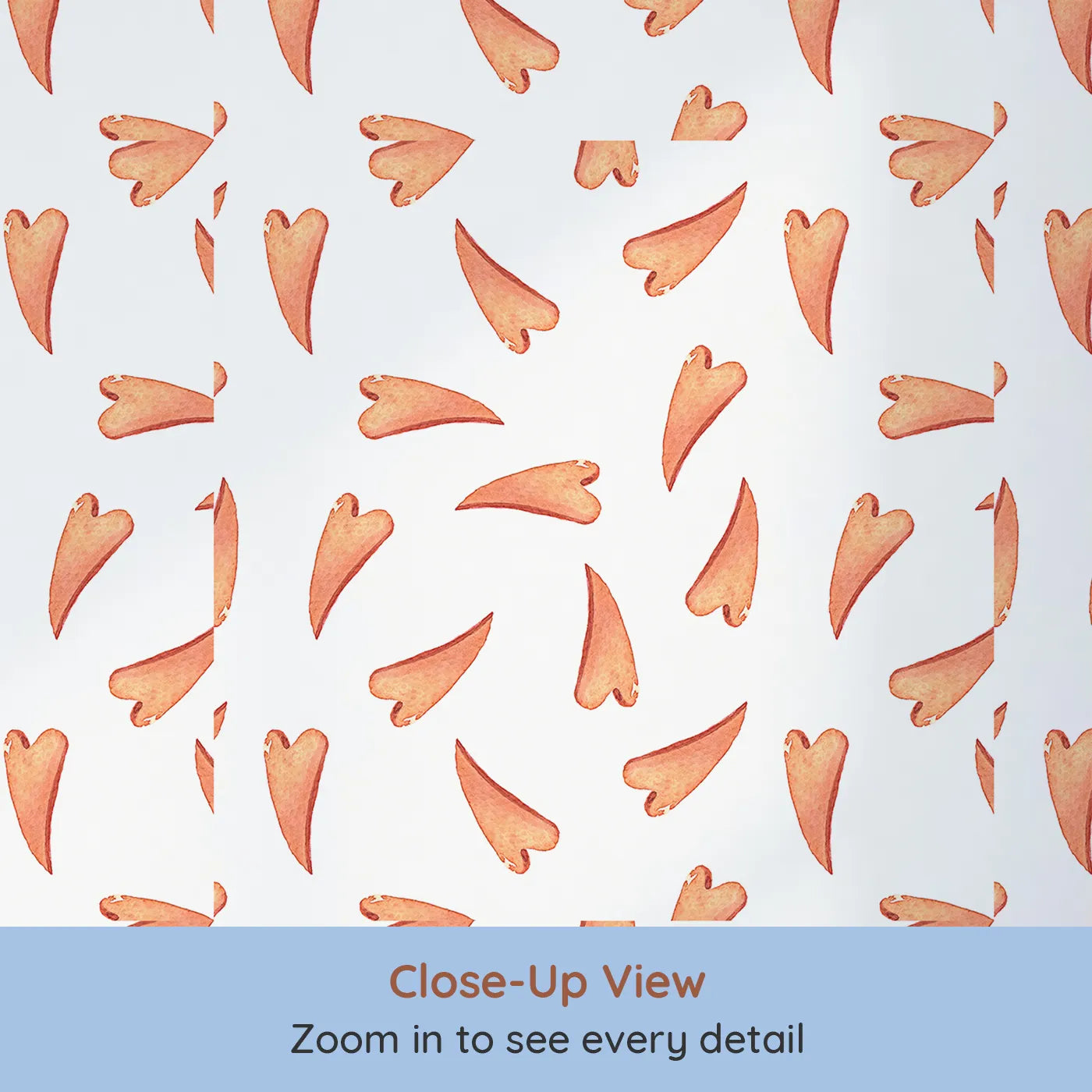 Close-up view of Whimsy Tots' Scattered Heart Sprinkles Wallpaper in White (W3327A).Hand-painted hearts drift like gentle sprinkles across a calm white sky.