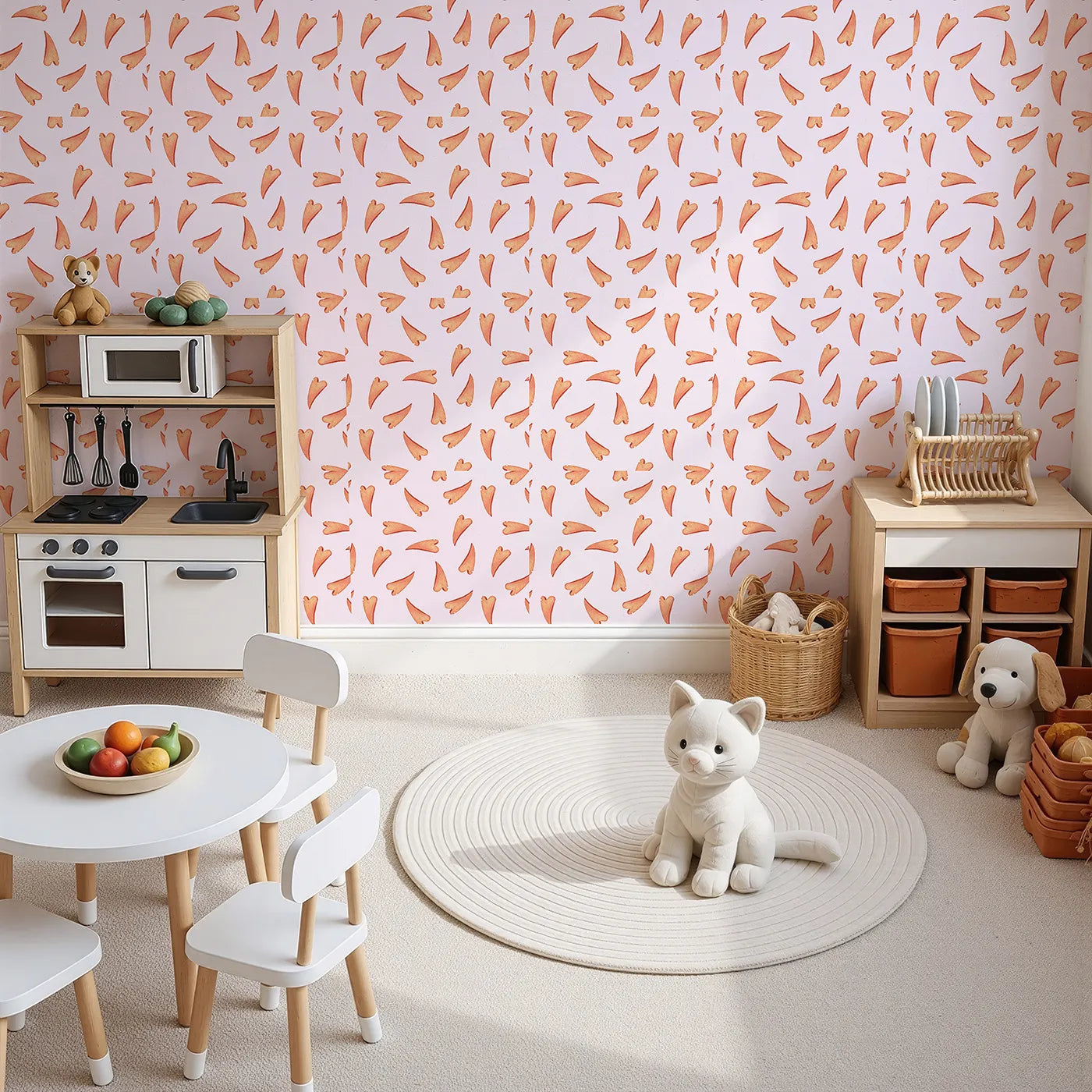 Top-Down view of Whimsy Tots' Scattered Heart Sprinkles Wallpaper in Blush (W3327B).Gentle hearts float like whispers on a warm blush breeze.