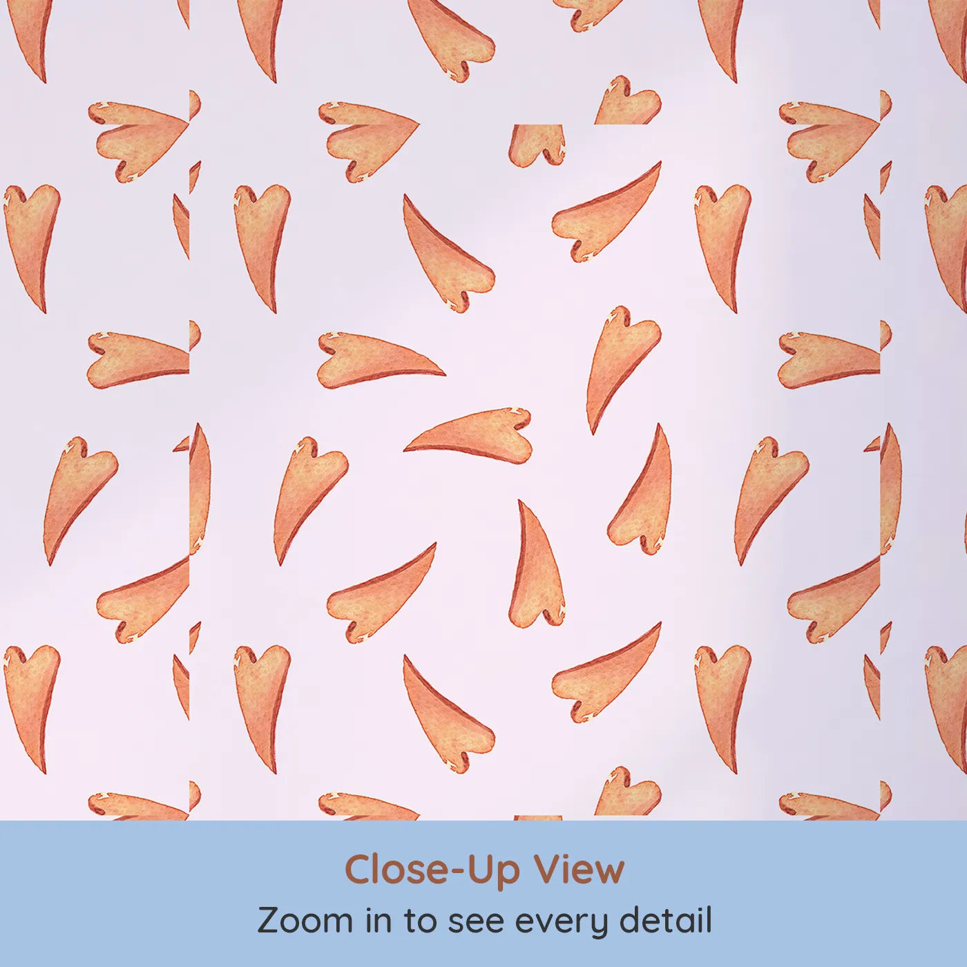 Close-up view of Whimsy Tots' Scattered Heart Sprinkles Wallpaper in Blush (W3327B).Gentle hearts float like whispers on a warm blush breeze.