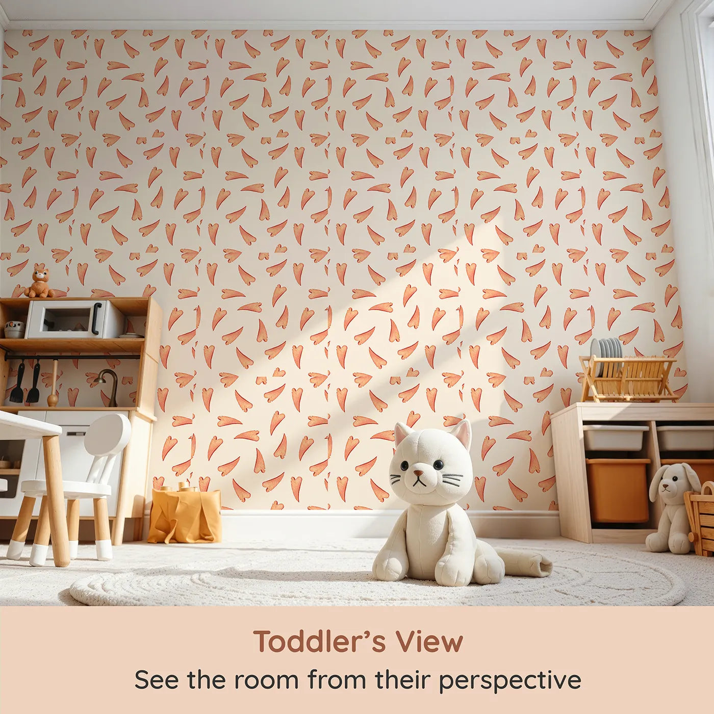 Whimsy Tots Scattered Heart Sprinkles Wallpaper in Cream (W3327C) from your child's view.Watercolor hearts scatter gently across a warm cream sky.