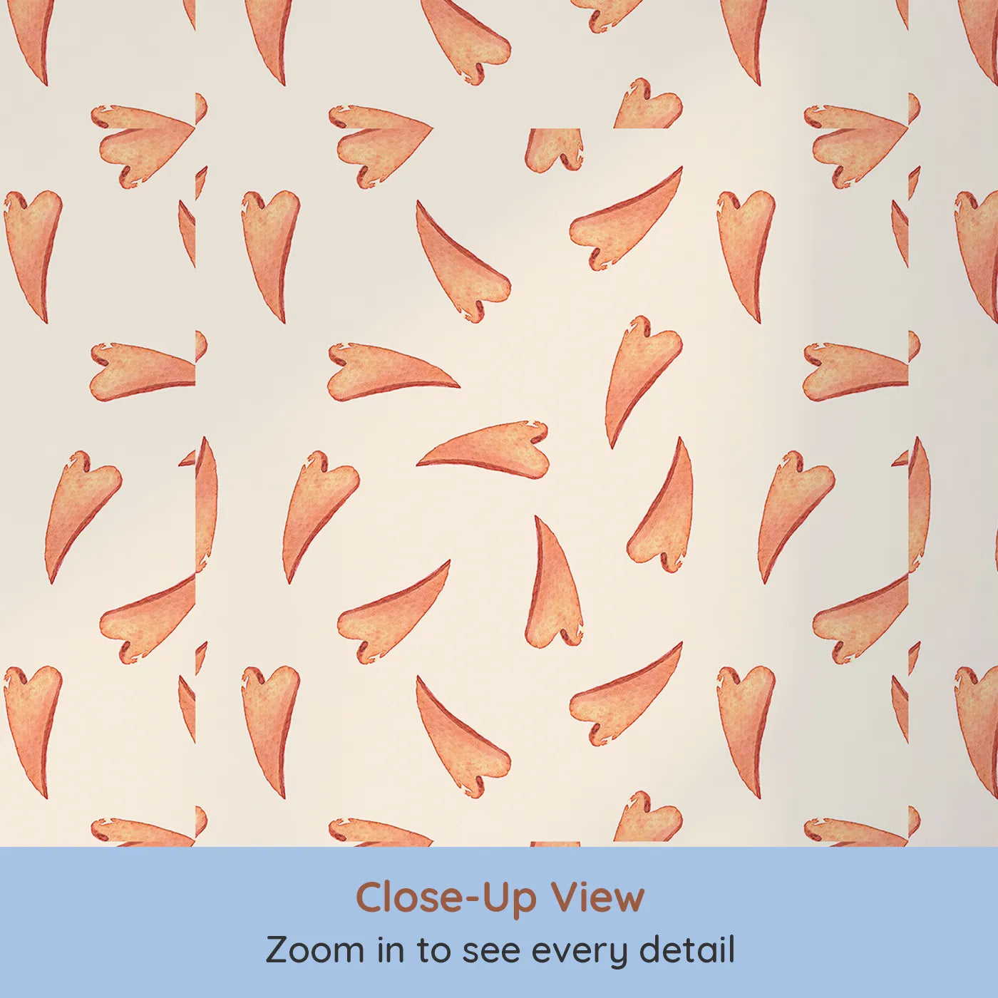 Close-up view of Whimsy Tots' Scattered Heart Sprinkles Wallpaper in Cream (W3327C).Watercolor hearts scatter gently across a warm cream sky.