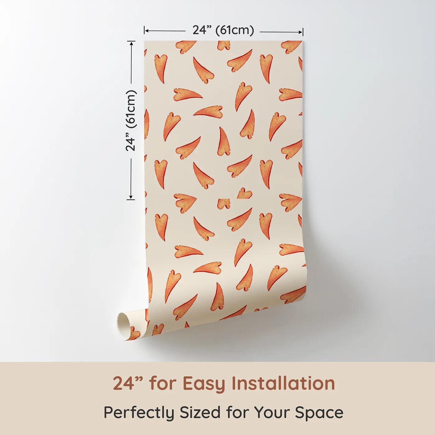 Dimension view of Whimsy Tots Scattered Heart Sprinkles Wallpaper in Cream (W3327C). Printed in 24-inch-wide panel for easy installation. Watercolor hearts scatter gently across a warm cream sky.