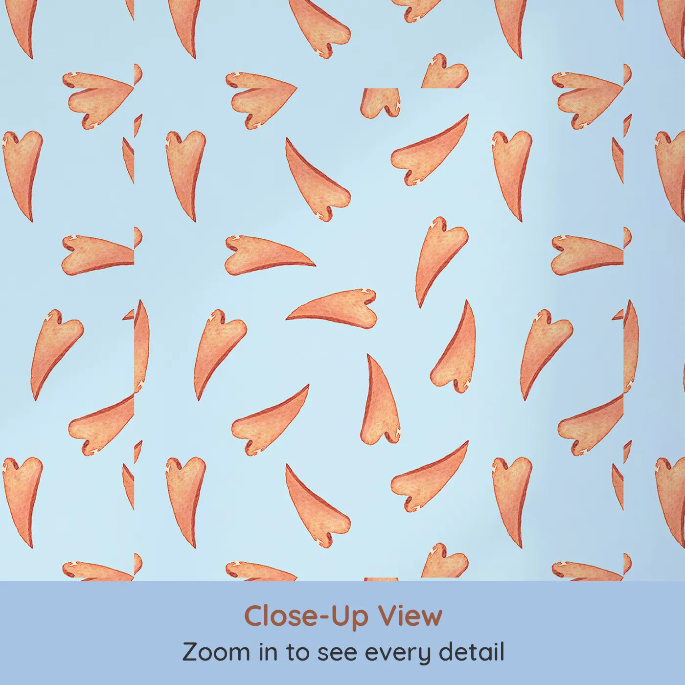 Close-up view of Whimsy Tots' Scattered Heart Sprinkles Wallpaper in Blue (W3327E).Orange hearts sprinkle joy across a clear sky-blue canvas.