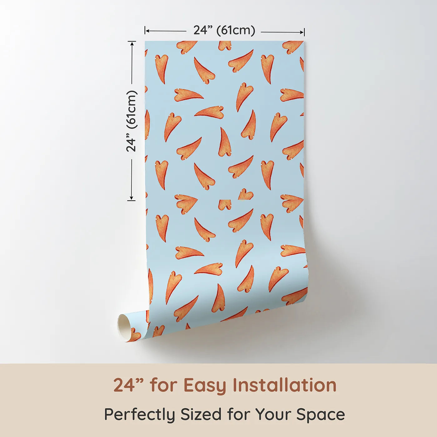 Dimension view of Whimsy Tots Scattered Heart Sprinkles Wallpaper in Blue (W3327E). Printed in 24-inch-wide panel for easy installation. Orange hearts sprinkle joy across a clear sky-blue canvas.