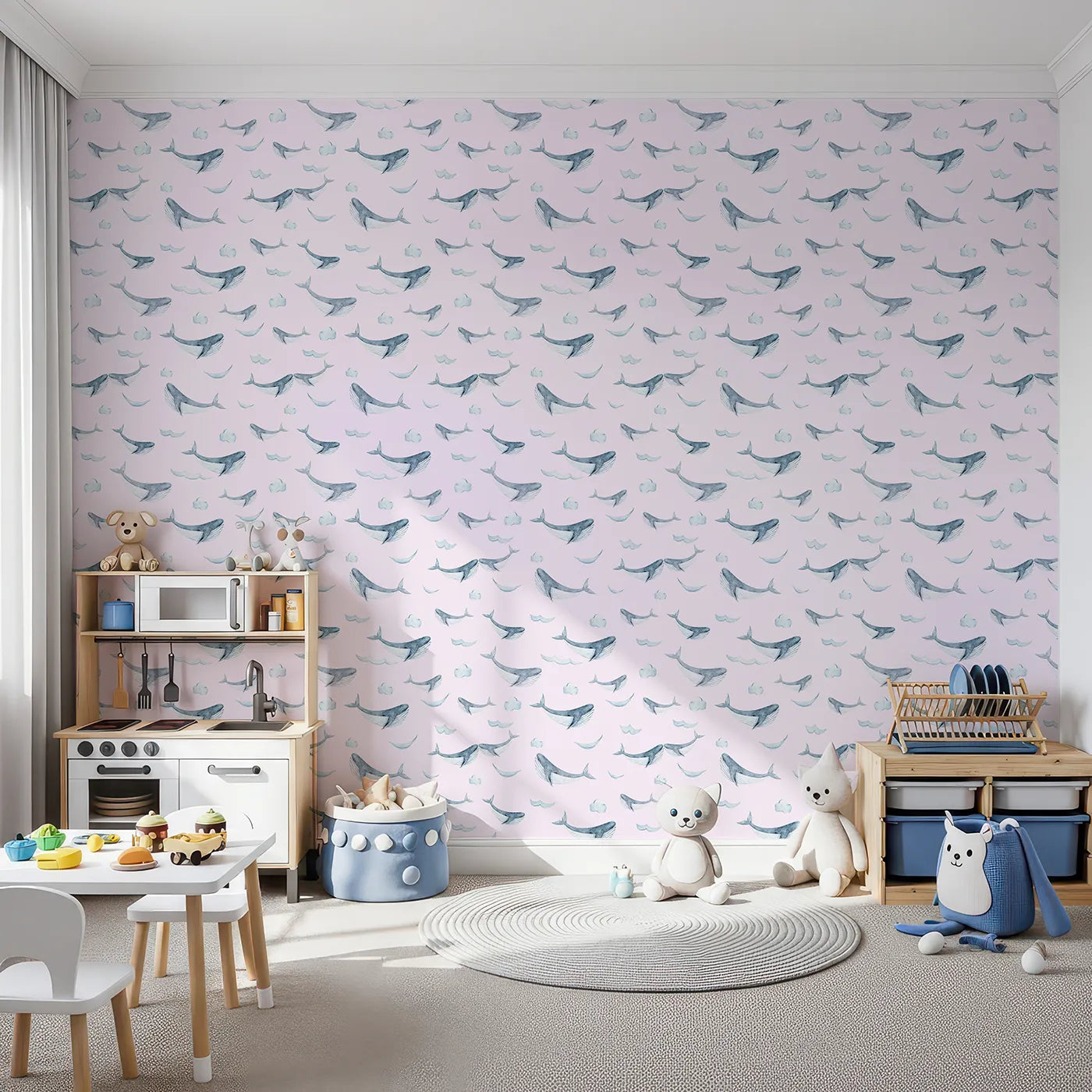 Front view of Whimsy Tots' Whale Cloud Voyage Wallpaper in Blush Pink