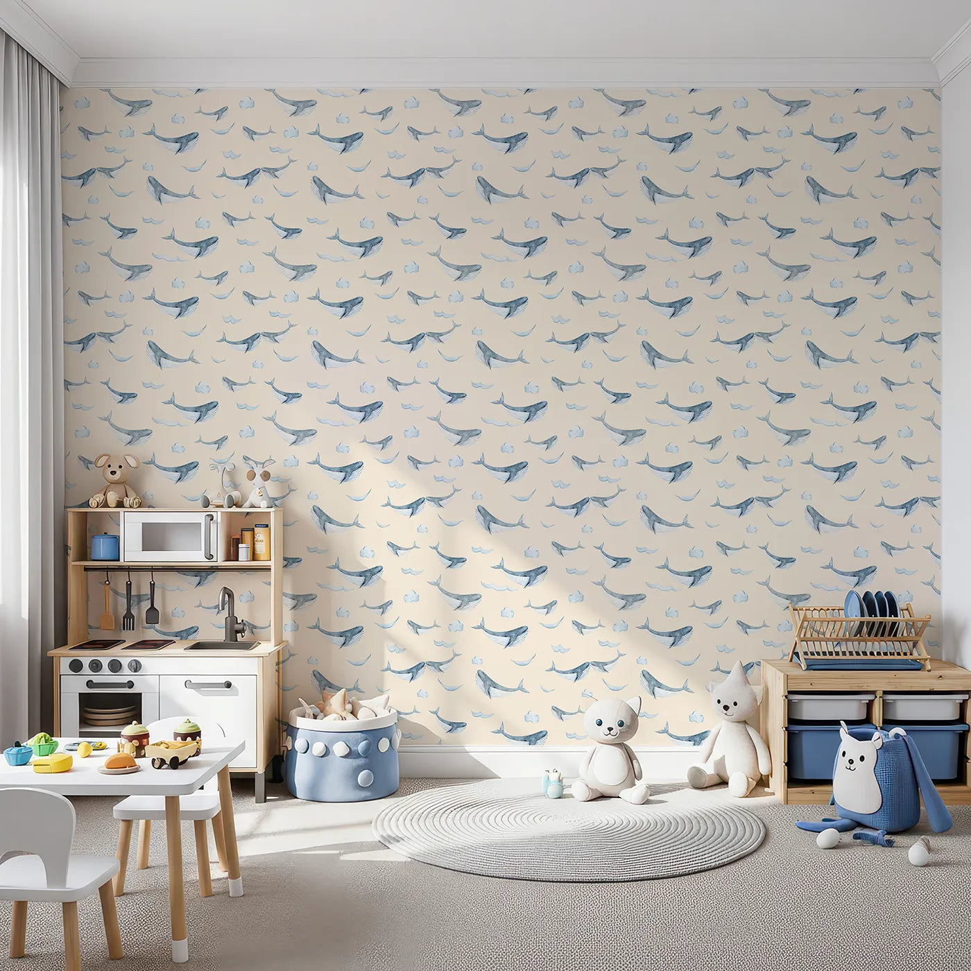 Front view of Whimsy Tots' Whale Cloud Voyage Wallpaper in Beige