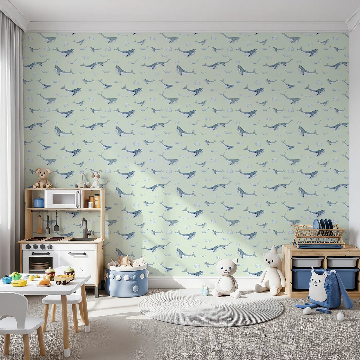Front view of Whimsy Tots' Whale Cloud Voyage Wallpaper in Mint Green