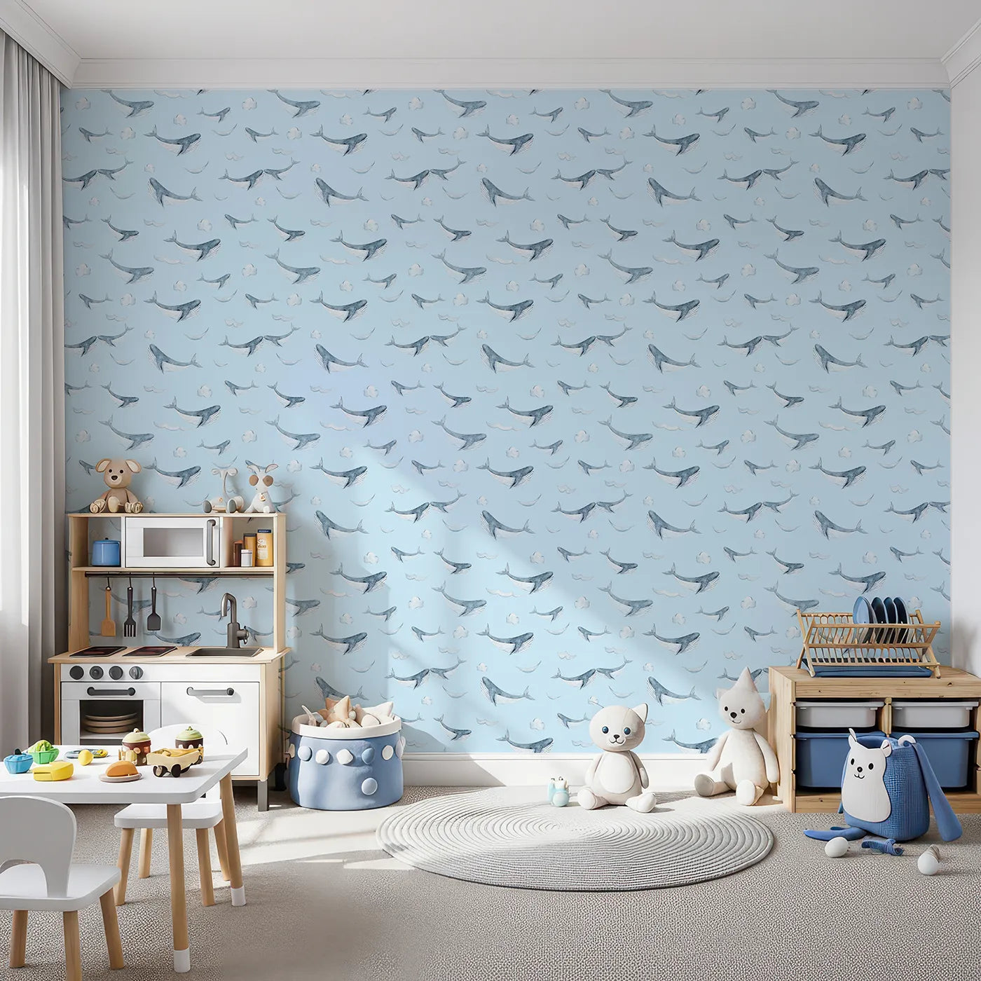 Front view of Whimsy Tots' Whale Cloud Voyage Wallpaper in Sky Blue