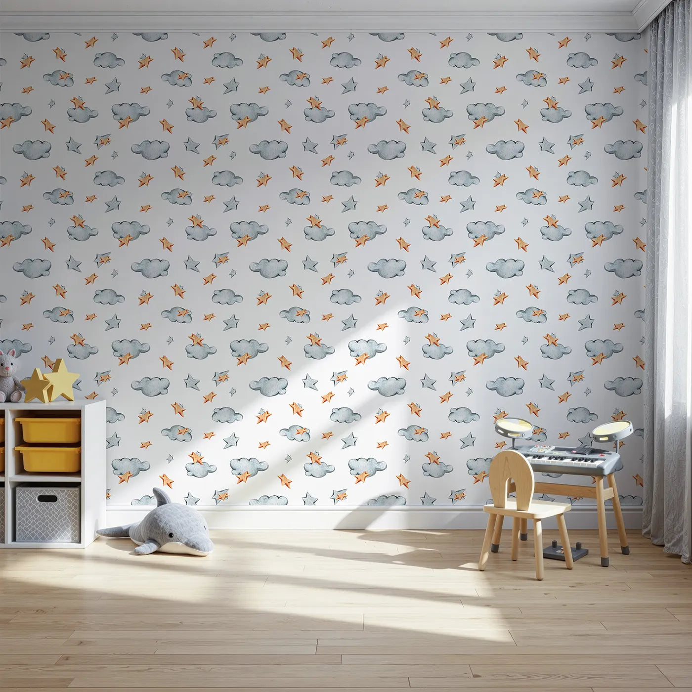 Front view of Whimsy Tots' Cloudy Star Drift Wallpaper in White