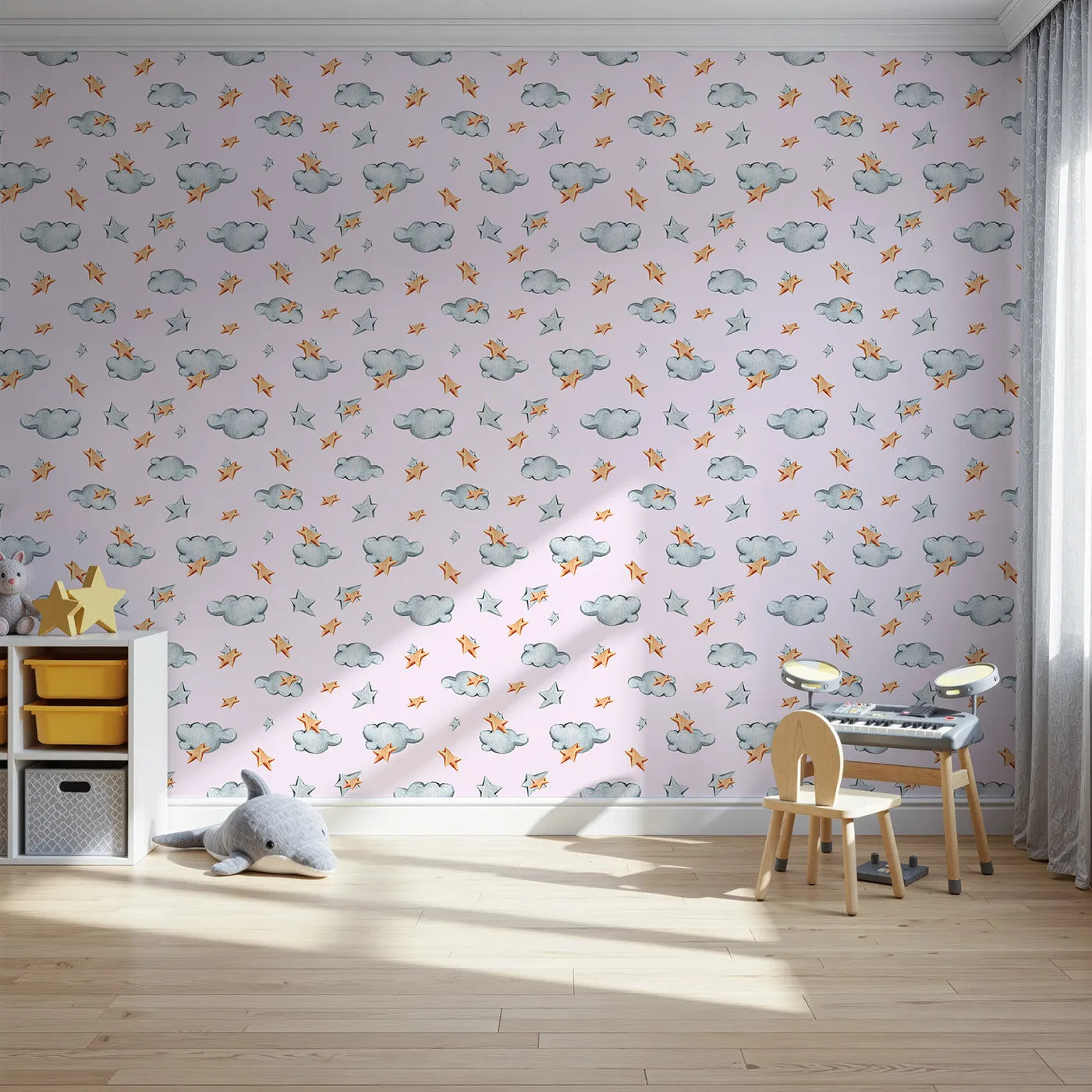 Front view of Whimsy Tots' Cloudy Star Drift Wallpaper in Blush Pink