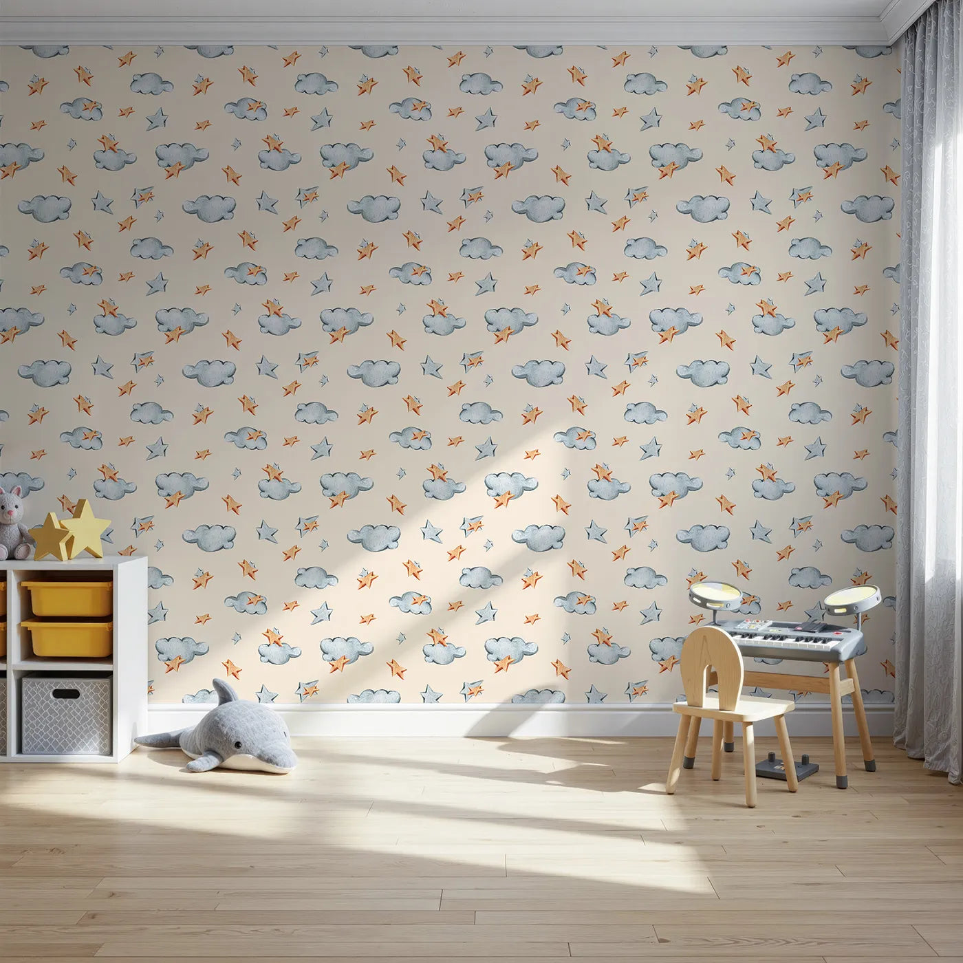 Front view of Whimsy Tots' Cloudy Star Drift Wallpaper in Beige
