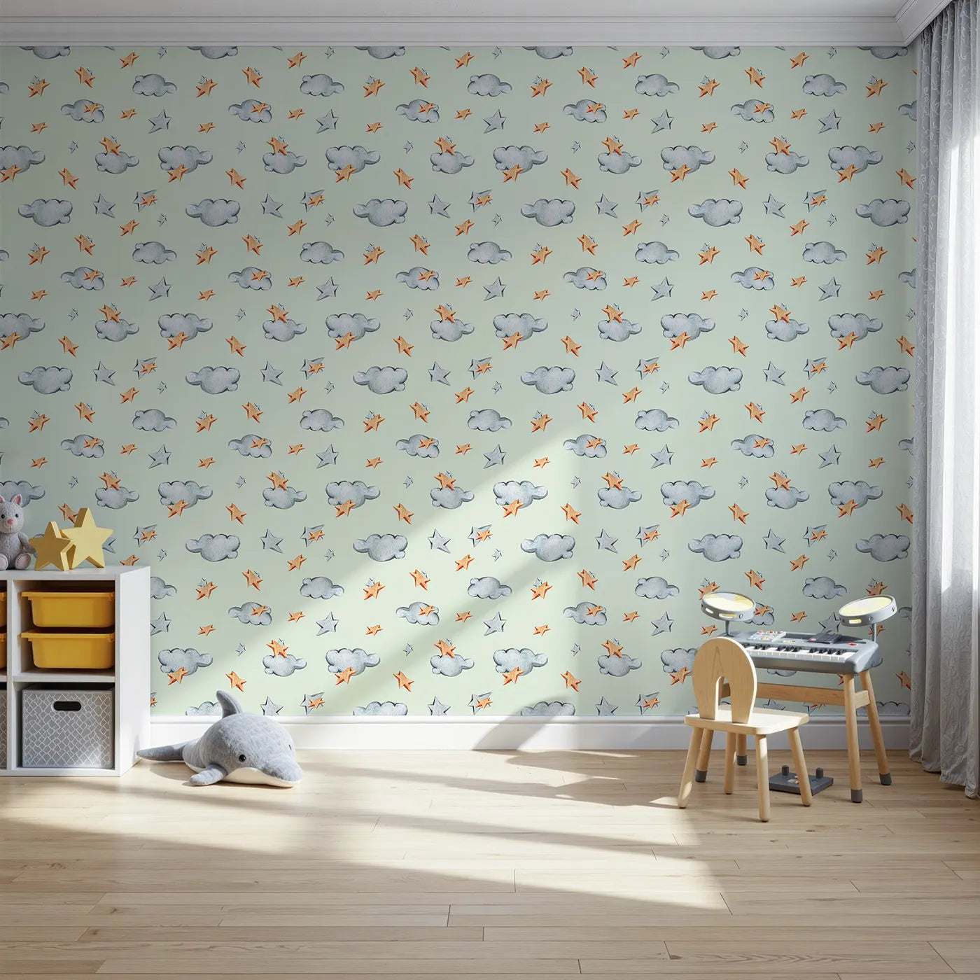 Front view of Whimsy Tots' Cloudy Star Drift Wallpaper in Mint Green