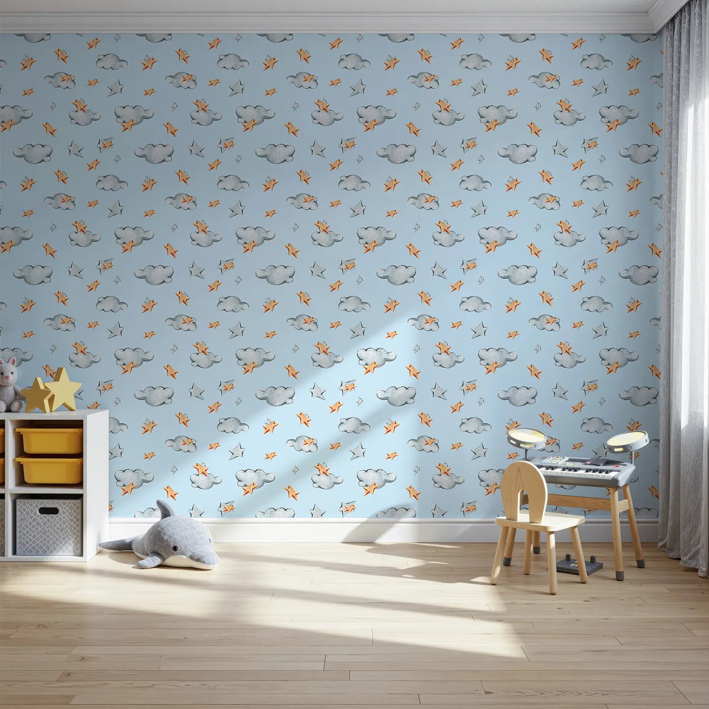 Front view of Whimsy Tots' Cloudy Star Drift Wallpaper in Sky Blue