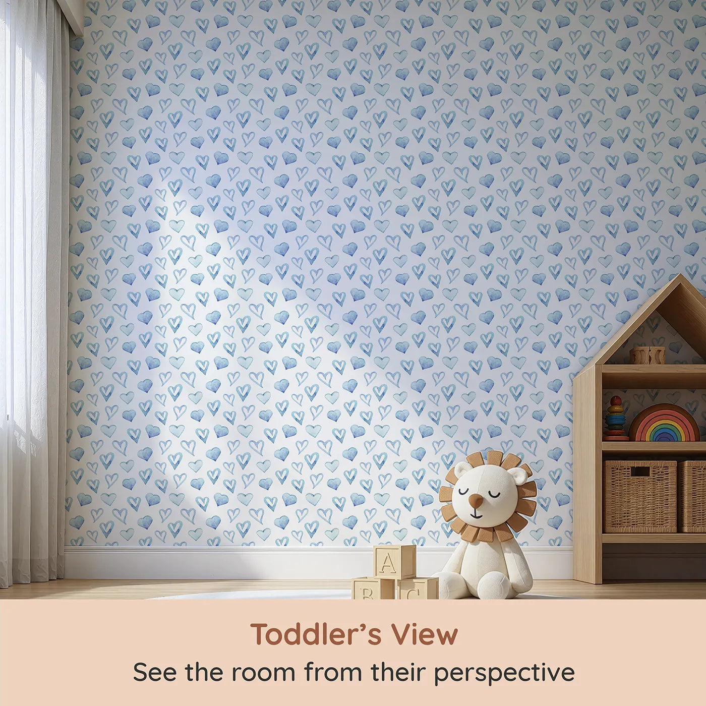 Whimsy Tots Blue Hearts Wallpaper in White (W3330A) from your child's view.Watercolor hearts in cool blues fill their space with softness and care.