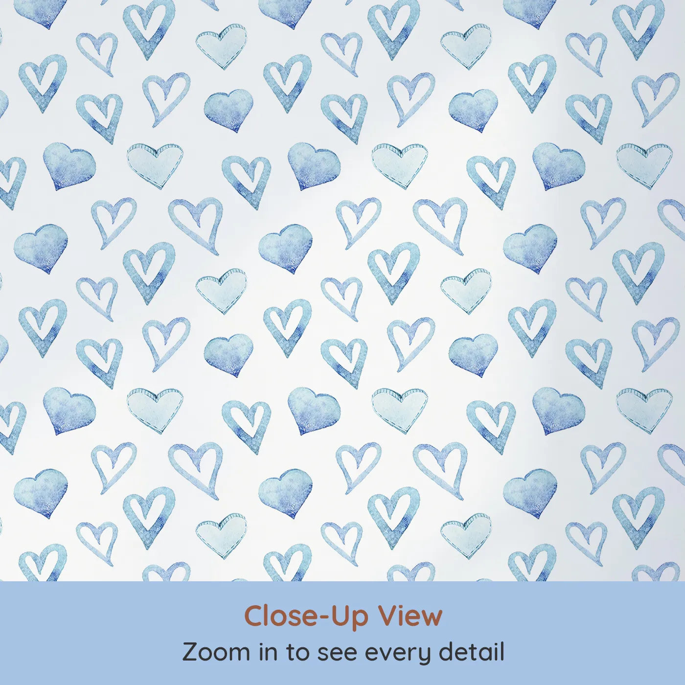 Close-up view of Whimsy Tots' Blue Hearts Wallpaper in White (W3330A).Watercolor hearts in cool blues fill their space with softness and care.