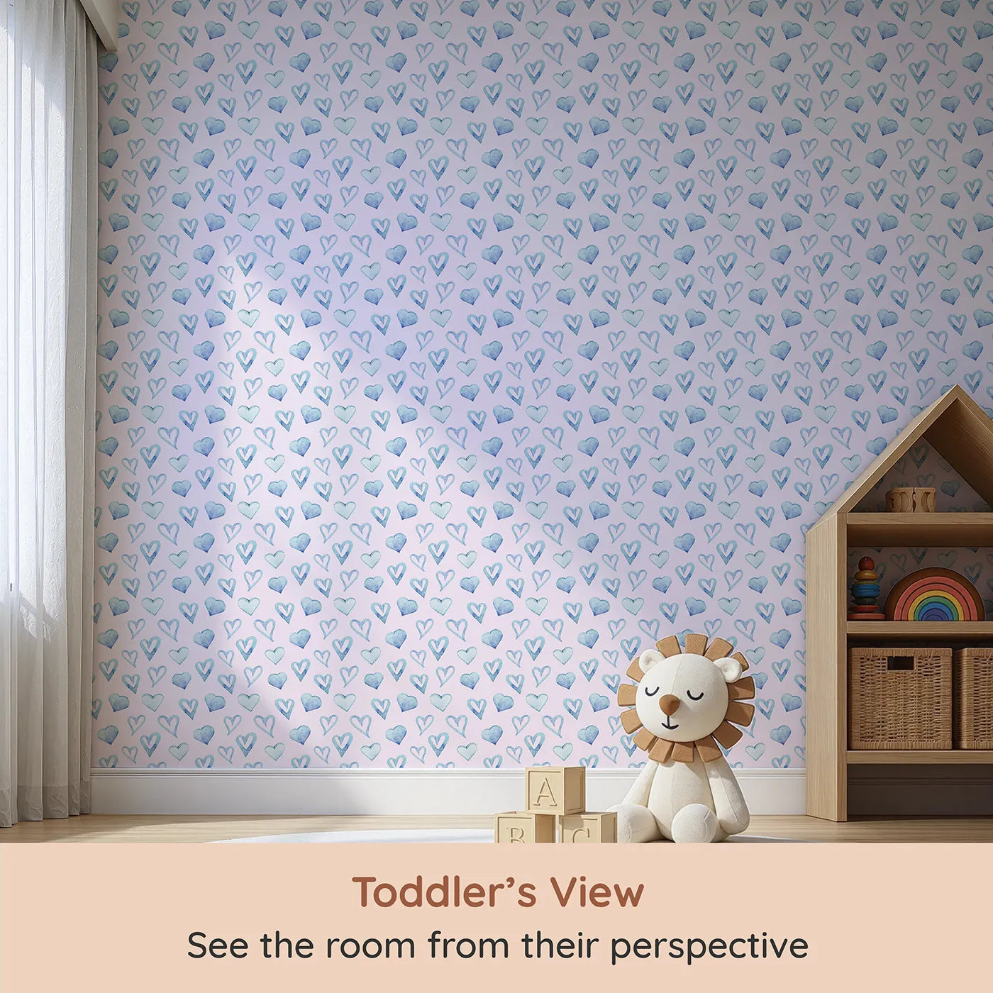 Whimsy Tots Blue Hearts Wallpaper in Blush (W3330B) from your child's view.Watercolor hearts in soft blue and blush bring warmth and care to their space.