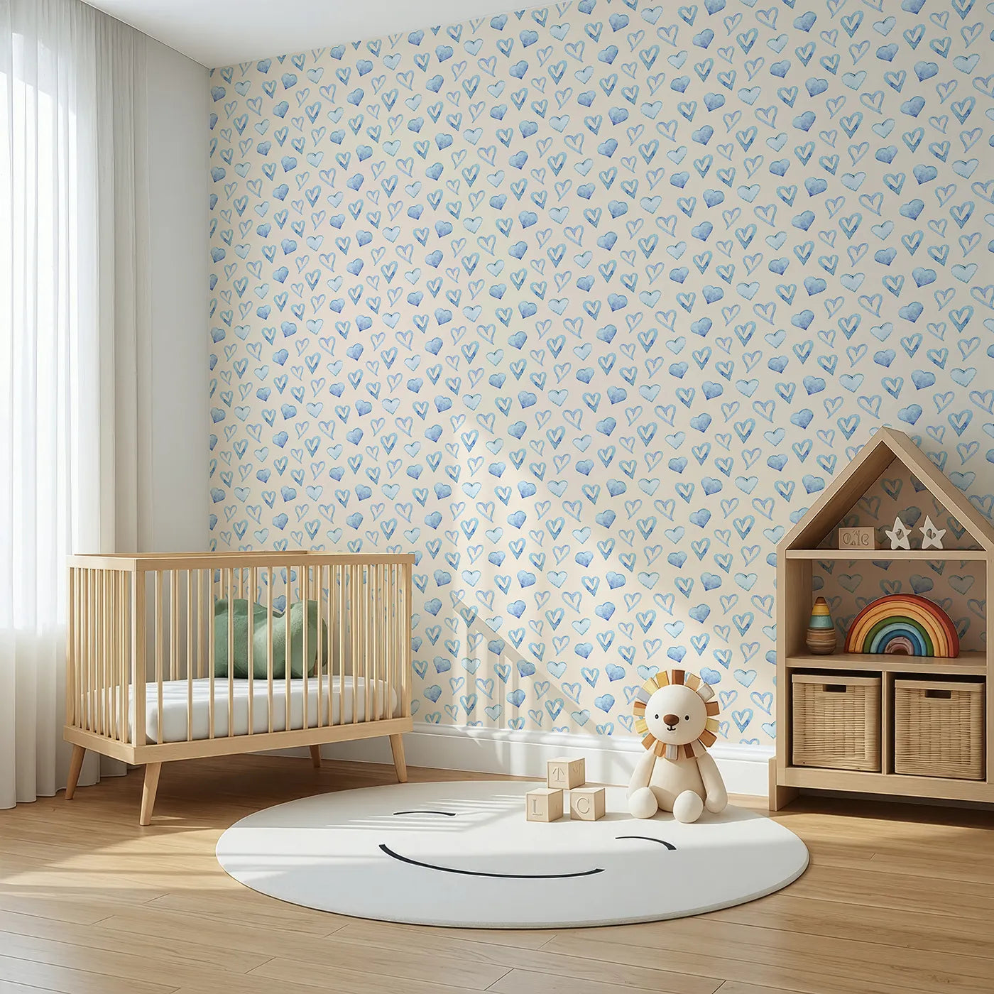 Angled view of Whimsy Tots' Blue Hearts Wallpaper in Cream (W3330C).Soothing blue hearts dance softly across a creamy, cozy sky.