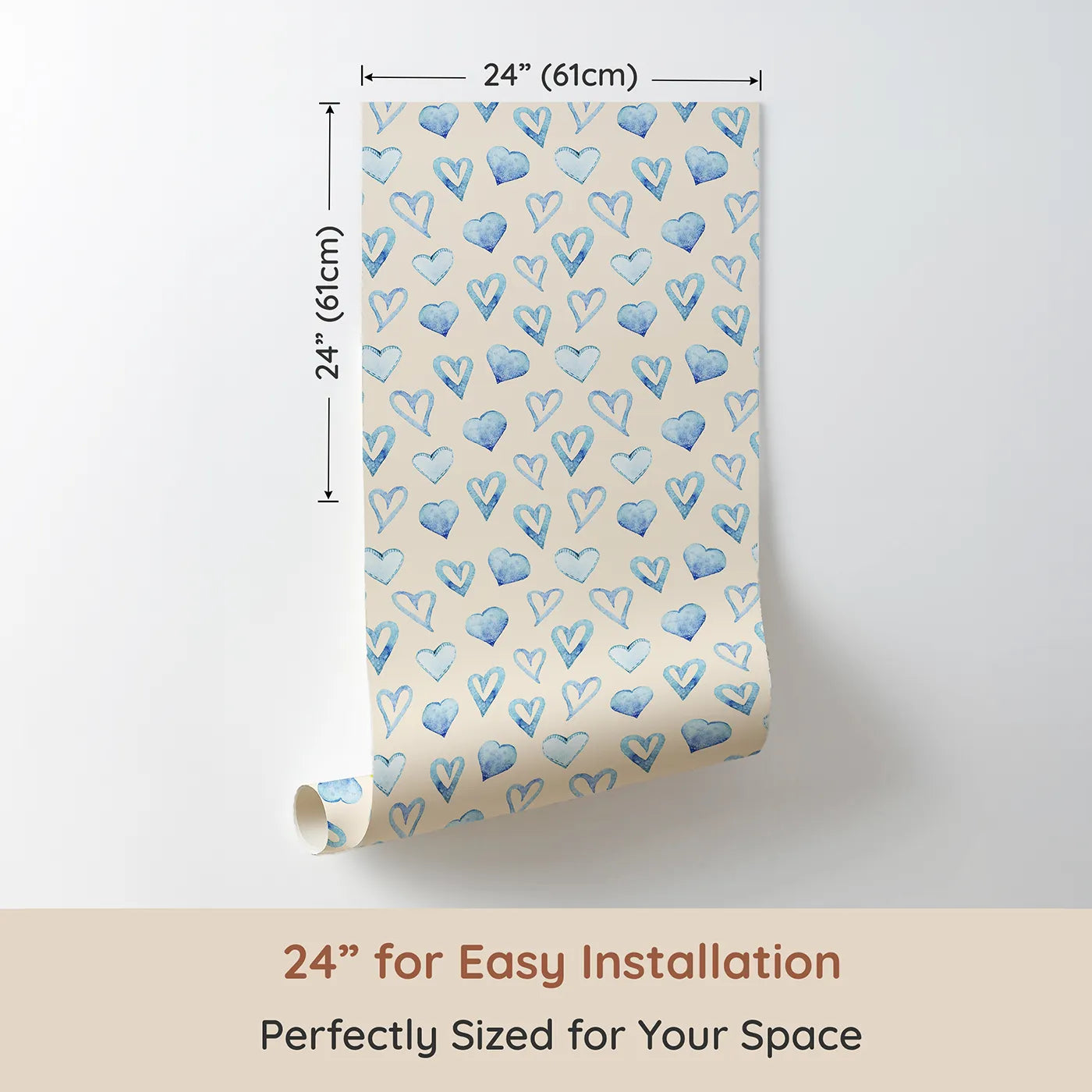 Dimension view of Whimsy Tots Blue Hearts Wallpaper in Cream (W3330C). Printed in 24-inch-wide panel for easy installation. Soothing blue hearts dance softly across a creamy, cozy sky.