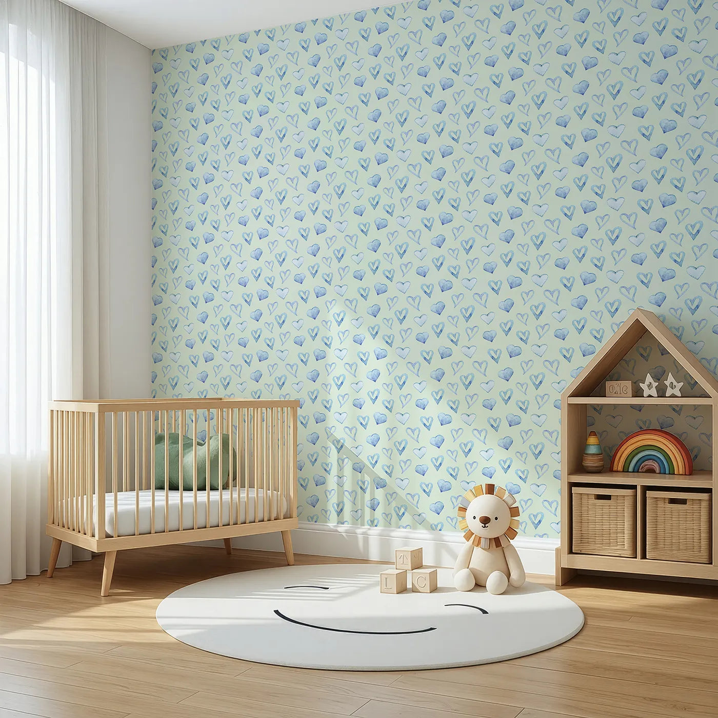 Angled view of Whimsy Tots' Blue Hearts Wallpaper in Mint (W3330D).Cool blue hearts float softly across a minty-fresh background.