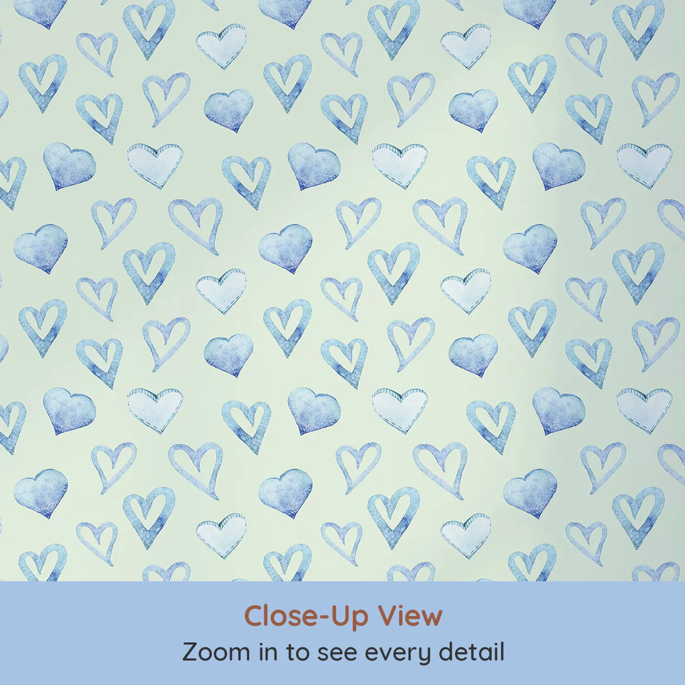 Close-up view of Whimsy Tots' Blue Hearts Wallpaper in Mint (W3330D).Cool blue hearts float softly across a minty-fresh background.