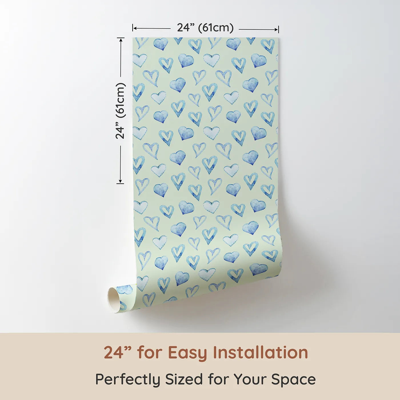 Dimension view of Whimsy Tots Blue Hearts Wallpaper in Mint (W3330D). Printed in 24-inch-wide panel for easy installation. Cool blue hearts float softly across a minty-fresh background.