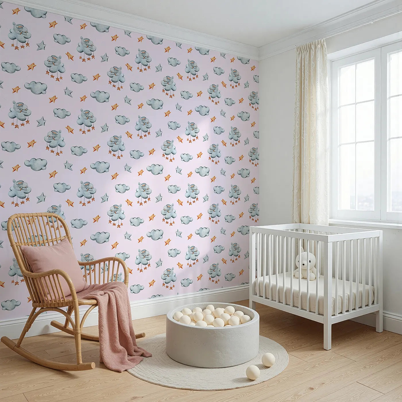 Angled view of Whimsy Tots' Bunny Cloud Dreams Wallpaper in Blush Pink (W3331B).Sleepy bunnies and soft stars float across a dreamy blush sky.