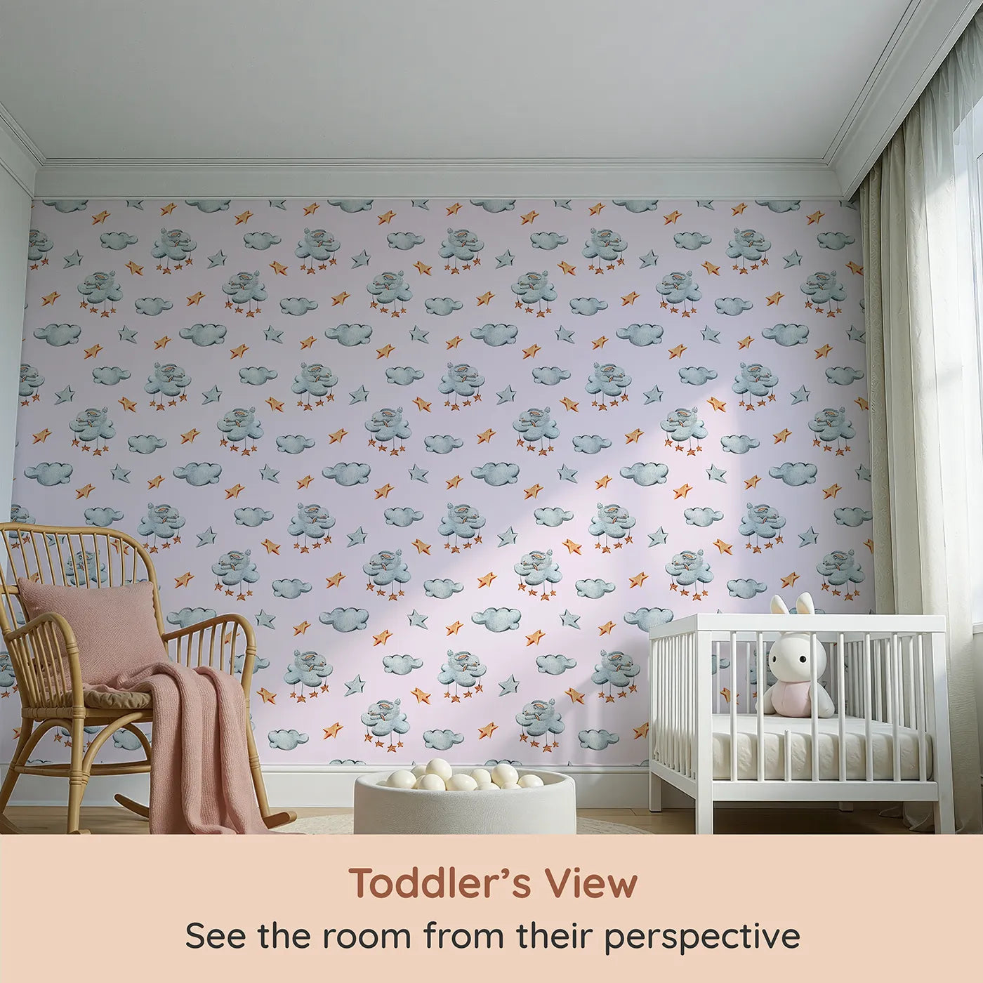 Whimsy Tots Bunny Cloud Dreams Wallpaper in Blush Pink (W3331B) from your child's view.Sleepy bunnies and soft stars float across a dreamy blush sky.