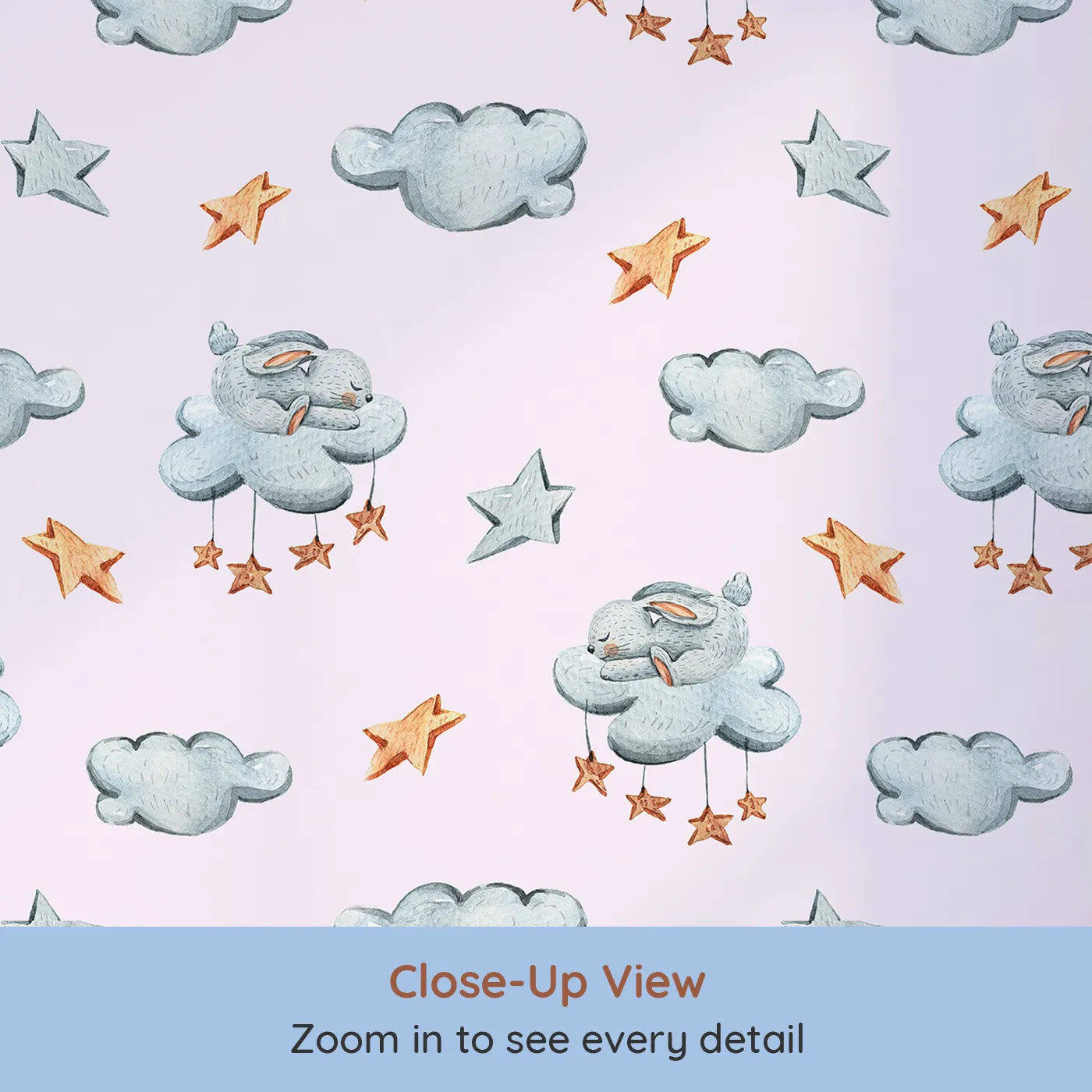 Close-up view of Whimsy Tots' Bunny Cloud Dreams Wallpaper in Blush Pink (W3331B).Sleepy bunnies and soft stars float across a dreamy blush sky.