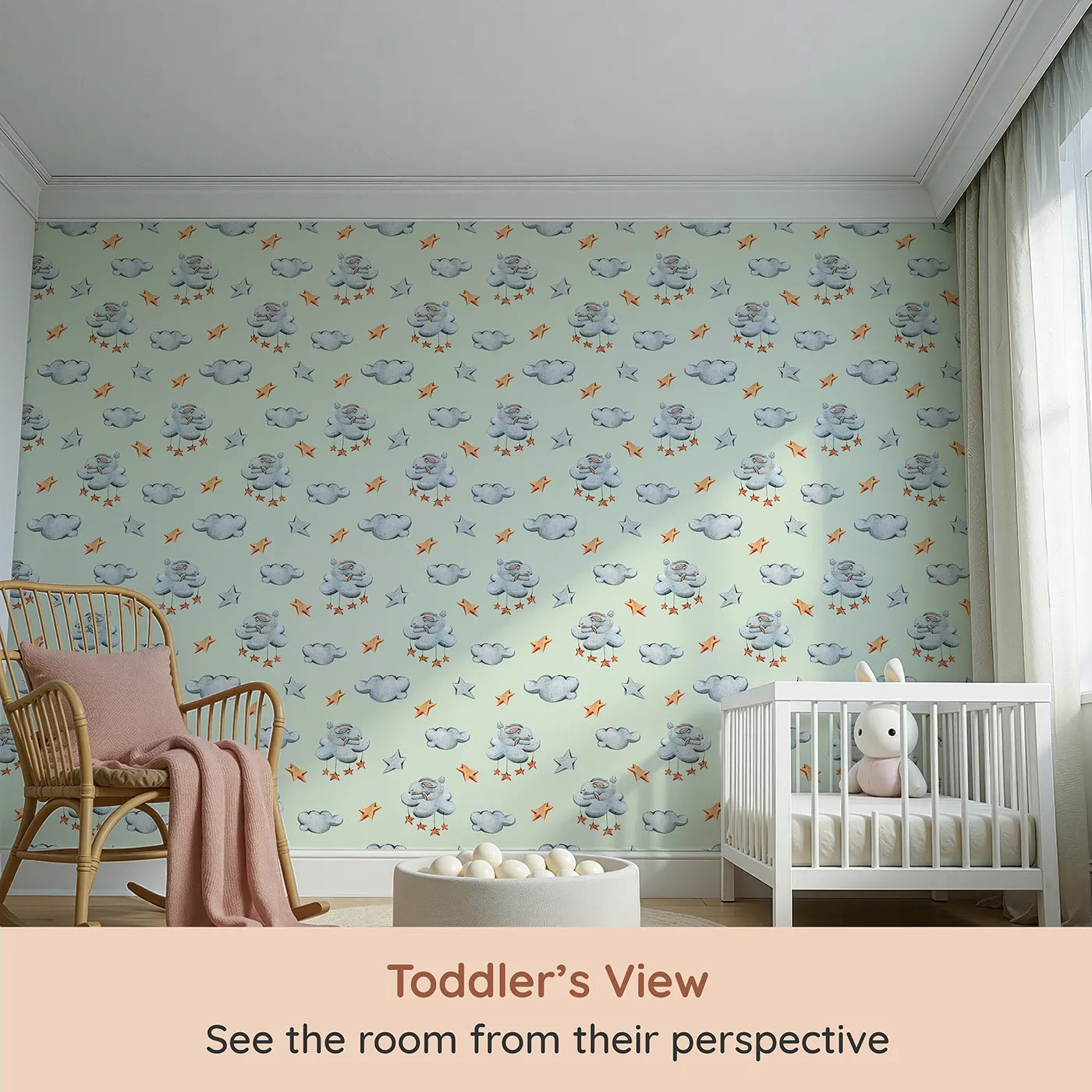 Whimsy Tots Bunny Cloud Dreams Wallpaper in Mint Green (W3331D) from your child's view.Sleepy bunnies float gently across a minty sky with twinkling stars.