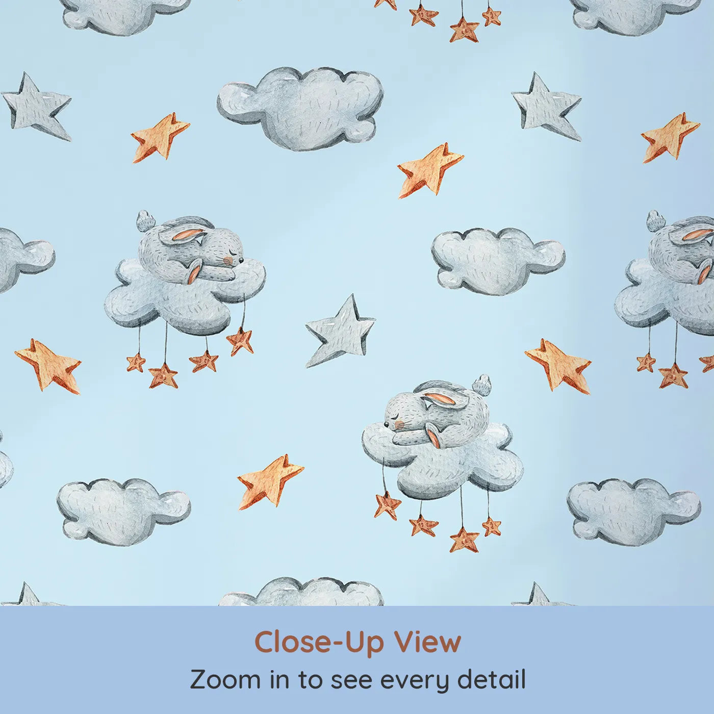 Close-up view of Whimsy Tots' Bunny Cloud Dreams Wallpaper in Sky (W3331E).Fluffy bunnies and golden stars drift through a gentle blue sky.