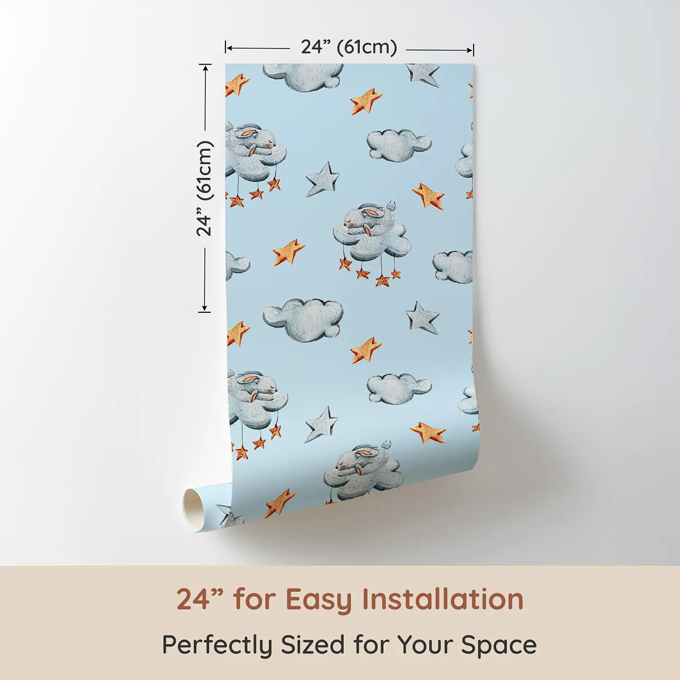 Dimension view of Whimsy Tots Bunny Cloud Dreams Wallpaper in Sky (W3331E). Printed in 24-inch-wide panel for easy installation. Fluffy bunnies and golden stars drift through a gentle blue sky.