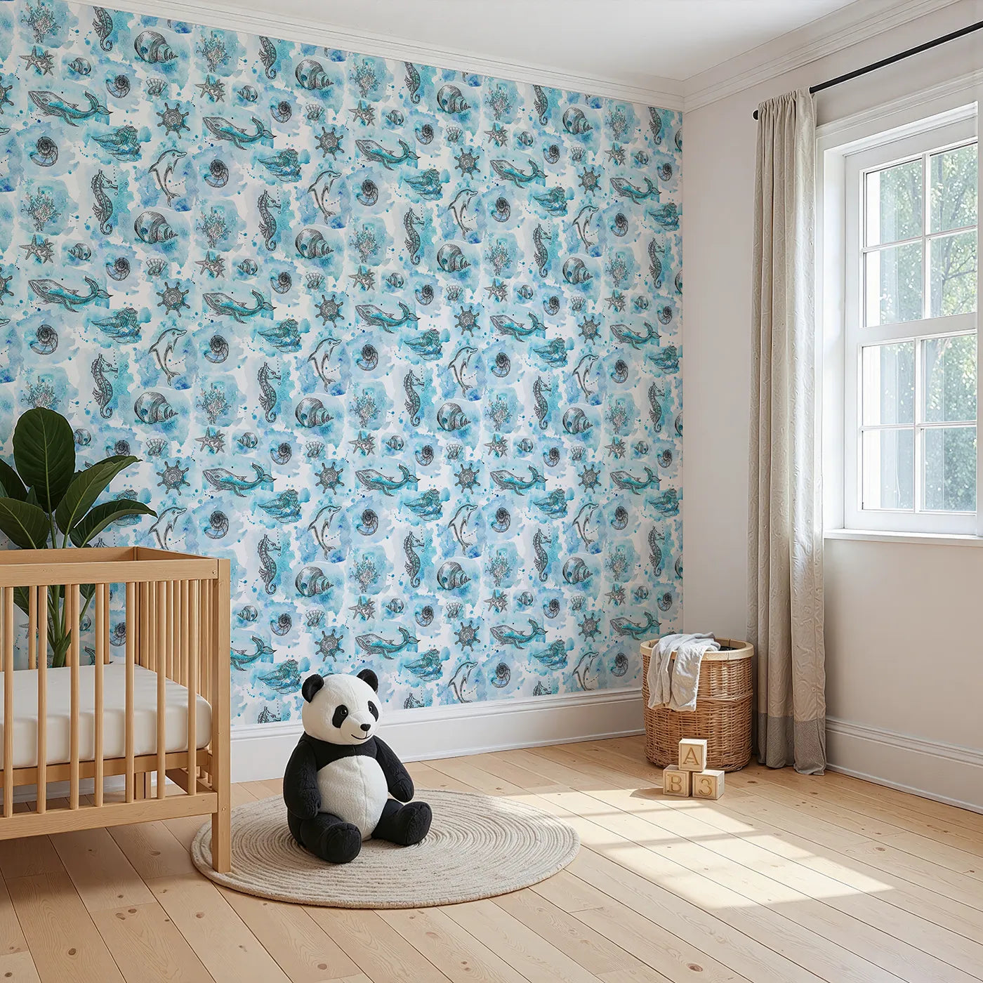 Angled view of Whimsy Tots' Ocean Explorer Sketches Wallpaper in Blue (W3332).Watercolor seashells, whales, and dolphins swirl through a dreamy ocean map.