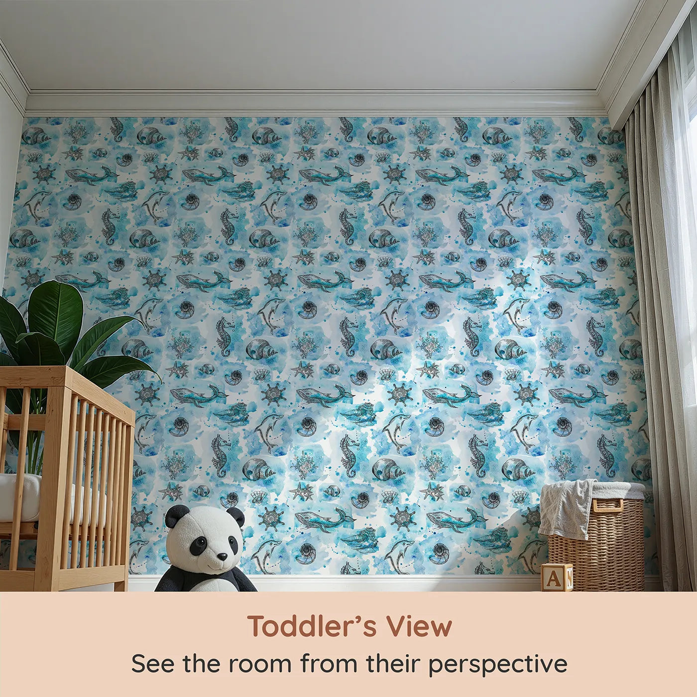 Whimsy Tots Ocean Explorer Sketches Wallpaper in Blue (W3332) from your child's view.Watercolor seashells, whales, and dolphins swirl through a dreamy ocean map.