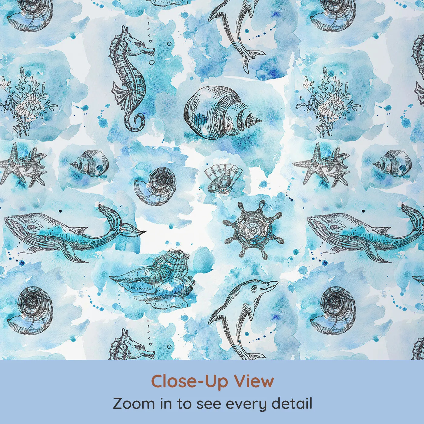 Close-up view of Whimsy Tots' Ocean Explorer Sketches Wallpaper in Blue (W3332).Watercolor seashells, whales, and dolphins swirl through a dreamy ocean map.