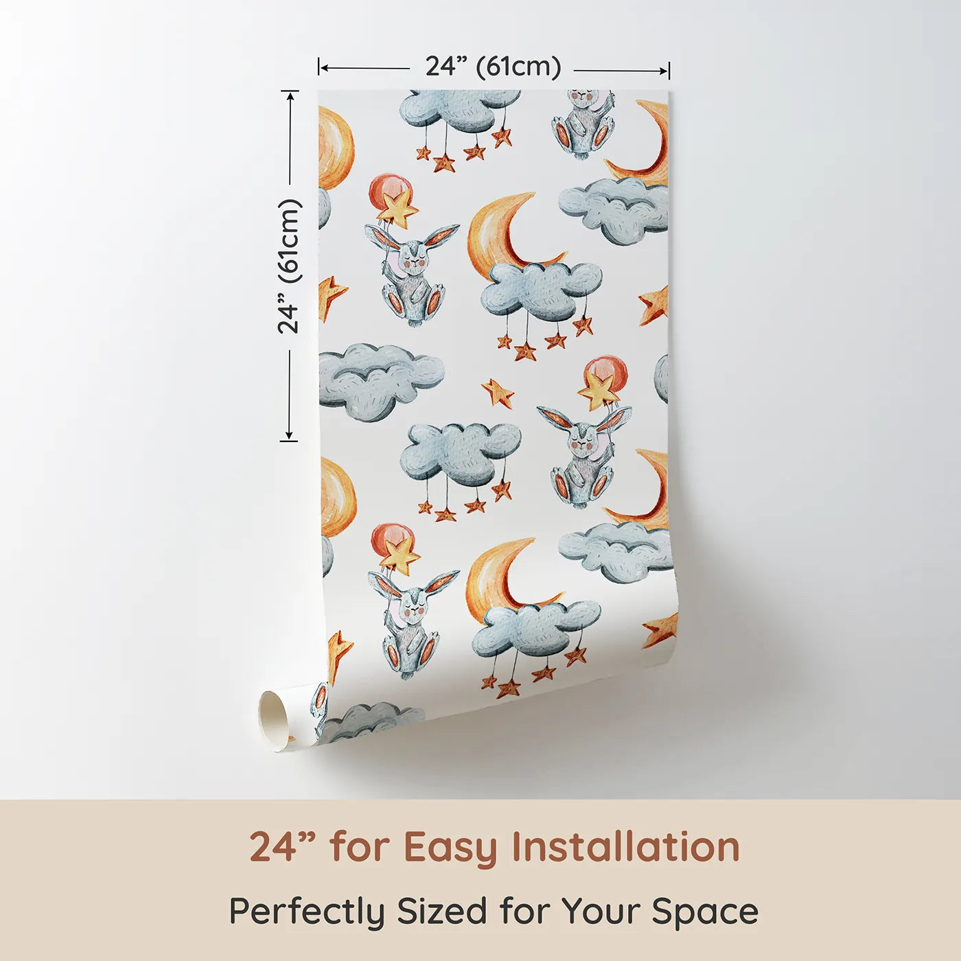 Dimension view of Whimsy Tots Starry Bunny Balloons Wallpaper in White (W3333A). Printed in 24-inch-wide panel for easy installation. Bunnies float on clouds with moonlit balloons and dangling stars.