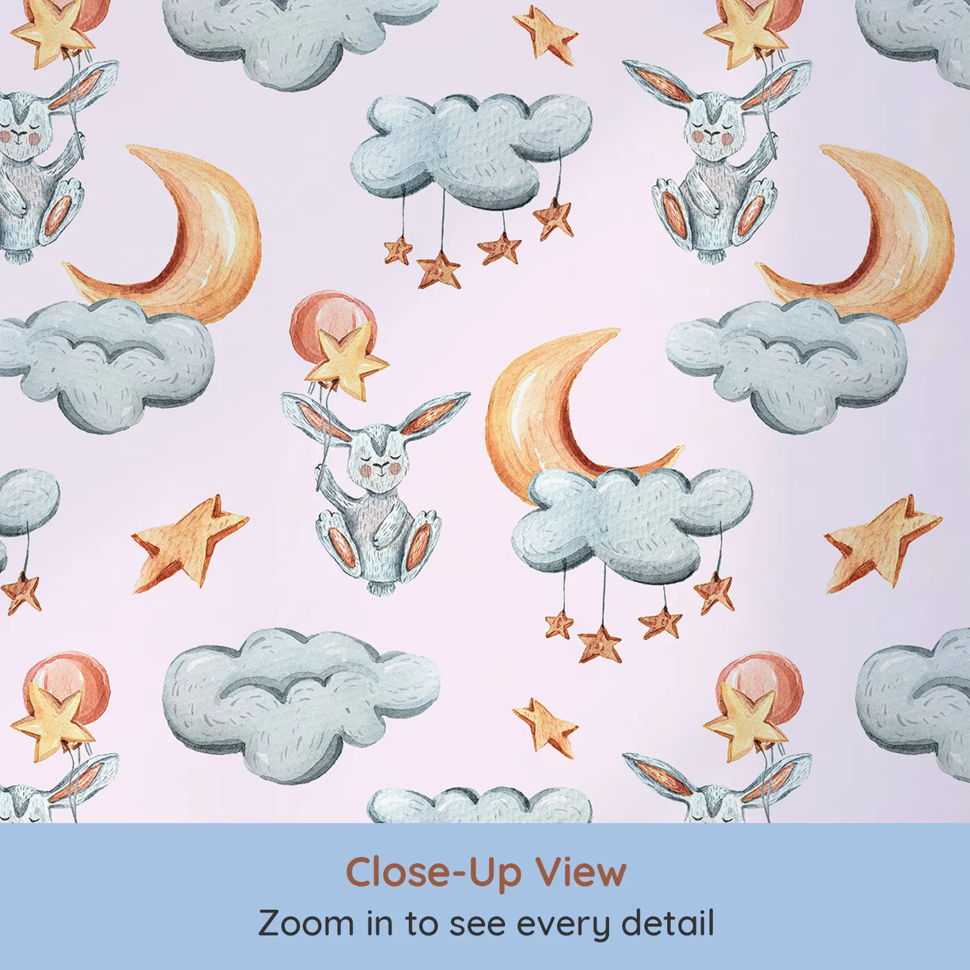 Close-up view of Whimsy Tots' Starry Bunny Balloons Wallpaper in Blush Pink (W3333B).Bunnies, moons, and starry balloons drift gently across a blush-pink sky.