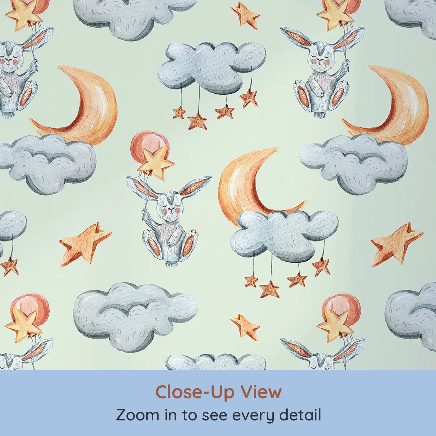 Close-up view of Whimsy Tots' Starry Bunny Balloons Wallpaper in Mint Green (W3333D).Cloud bunnies and star balloons drift across a soft minty sky.