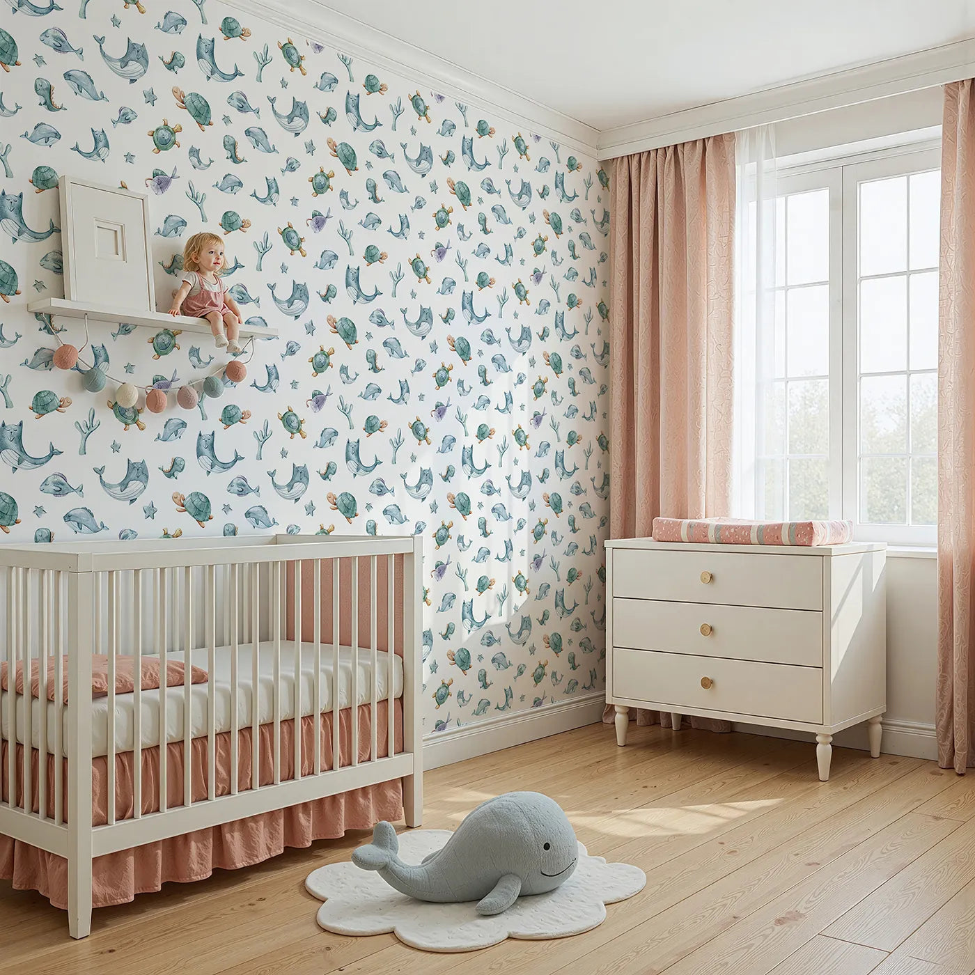 Angled view of Whimsy Tots' Gentle Sea Friends Wallpaper in White (W3334A).Sleepy sea creatures drift gently across a watercolor world.