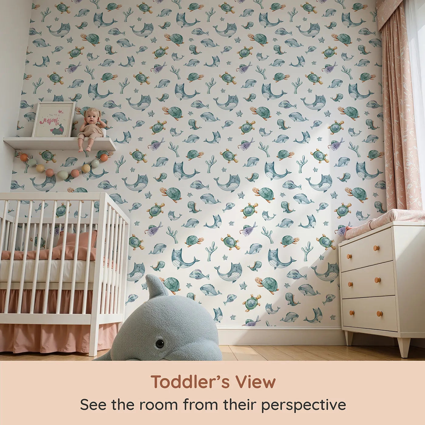 Whimsy Tots Gentle Sea Friends Wallpaper in White (W3334A) from your child's view.Sleepy sea creatures drift gently across a watercolor world.