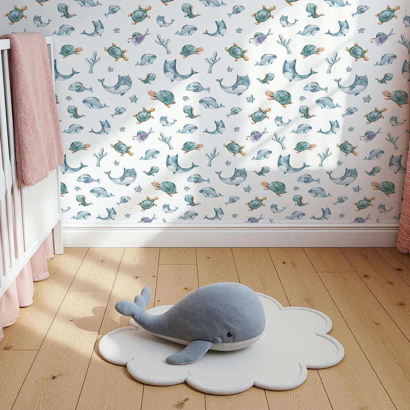 Top-Down view of Whimsy Tots' Gentle Sea Friends Wallpaper in White (W3334A).Sleepy sea creatures drift gently across a watercolor world.