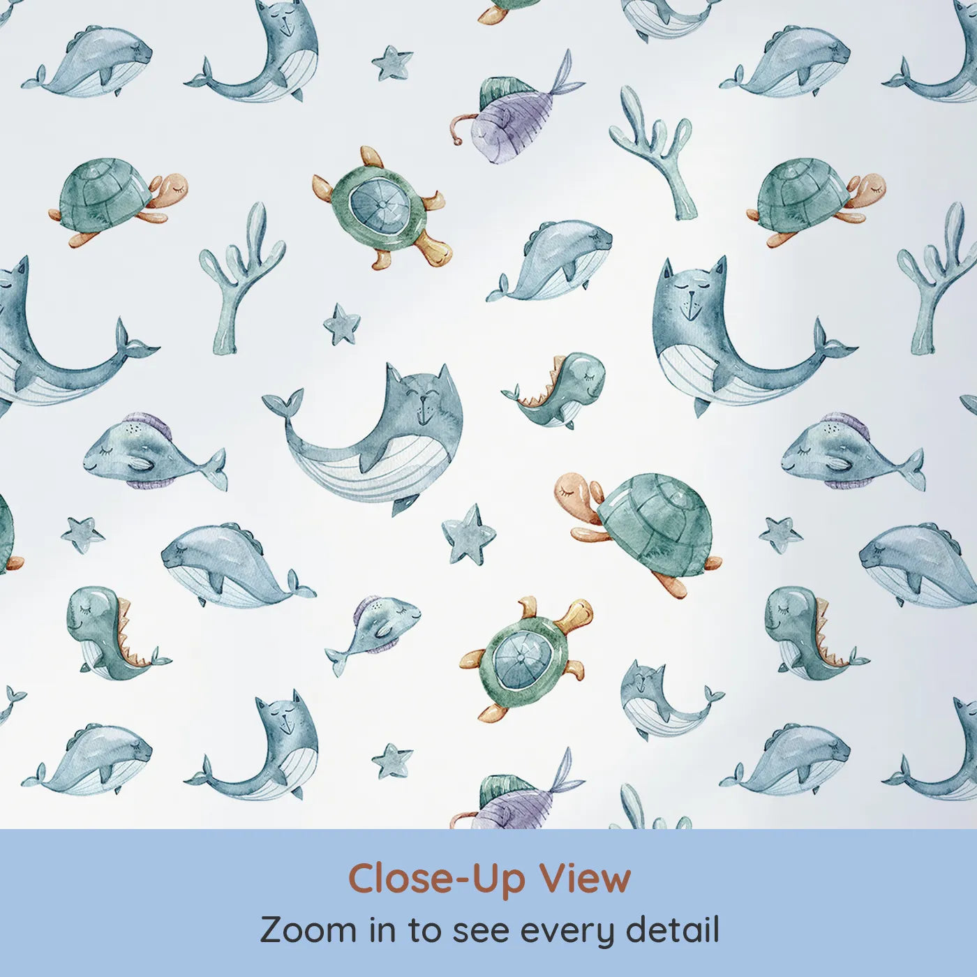 Close-up view of Whimsy Tots' Gentle Sea Friends Wallpaper in White (W3334A).Sleepy sea creatures drift gently across a watercolor world.