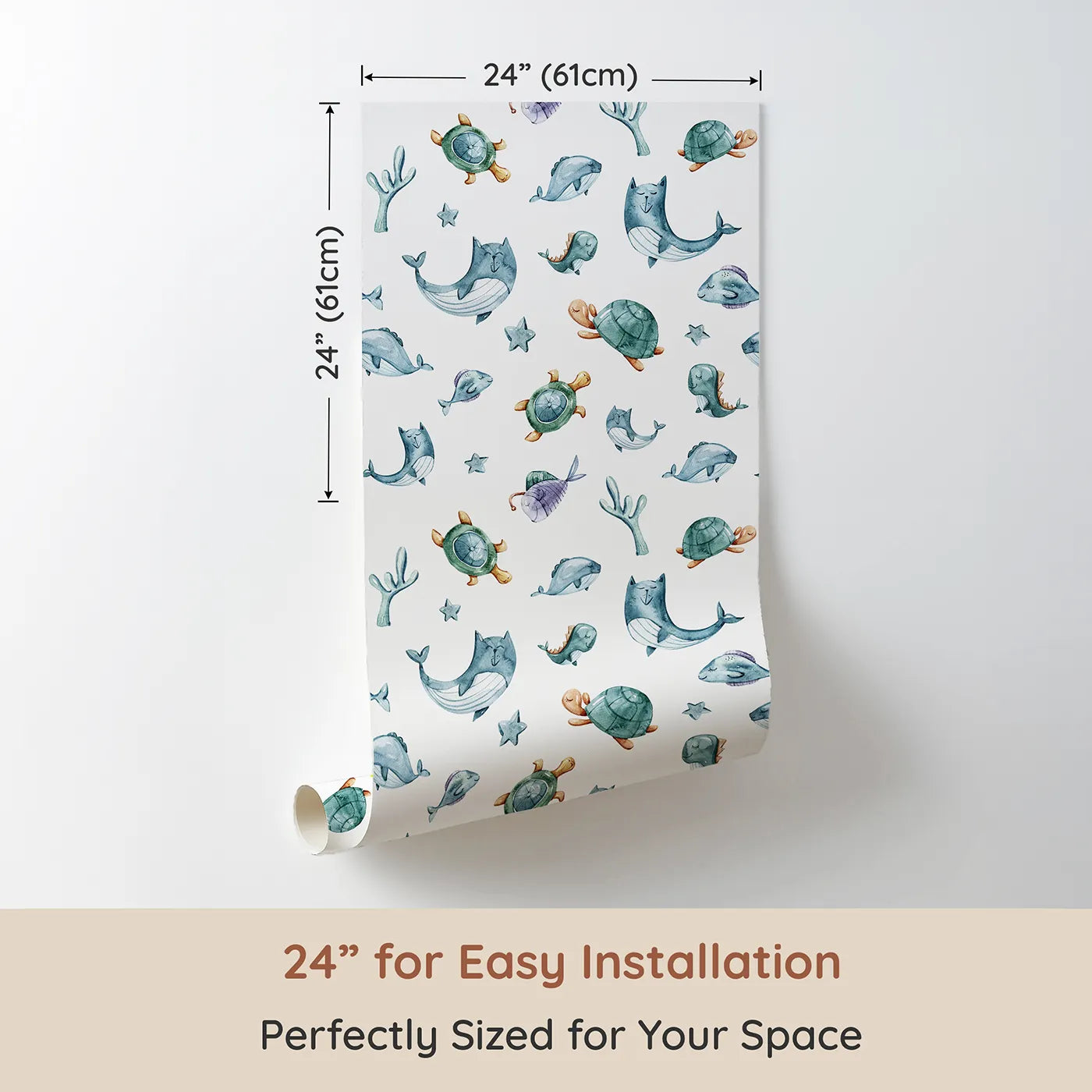 Dimension view of Whimsy Tots Gentle Sea Friends Wallpaper in White (W3334A). Printed in 24-inch-wide panel for easy installation. Sleepy sea creatures drift gently across a watercolor world.