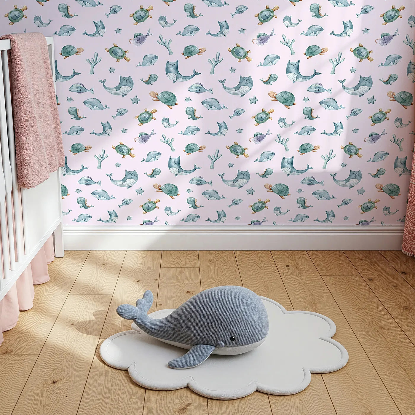 Top-Down view of Whimsy Tots' Gentle Sea Friends Wallpaper in Pink (W3334B).Soft whales and turtles float peacefully across pastel tides.