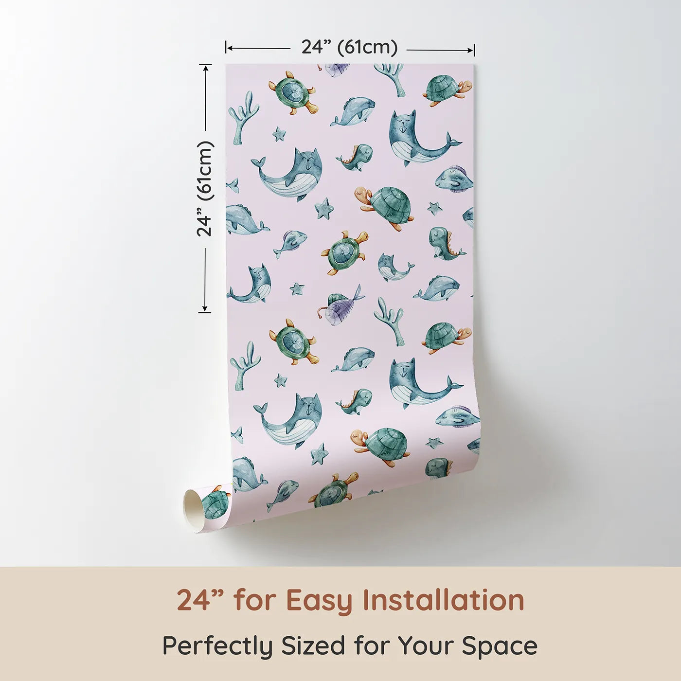 Dimension view of Whimsy Tots Gentle Sea Friends Wallpaper in Pink (W3334B). Printed in 24-inch-wide panel for easy installation. Soft whales and turtles float peacefully across pastel tides.